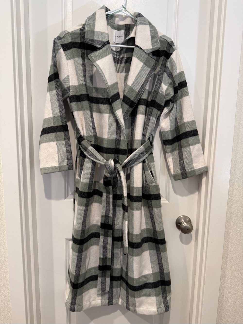 Carly Jean Los Angeles Sage Green Plaid Belted Trench Coat